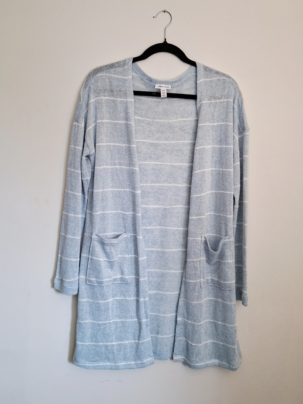 Tribal Jeans Light Blue & White Striped Open-Front Cardigan Medium Pockets